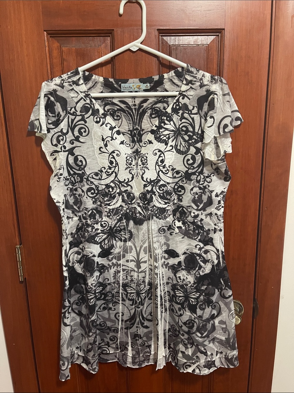 Unity World Wear Black & White butterfly-Print V-Neck Tunic